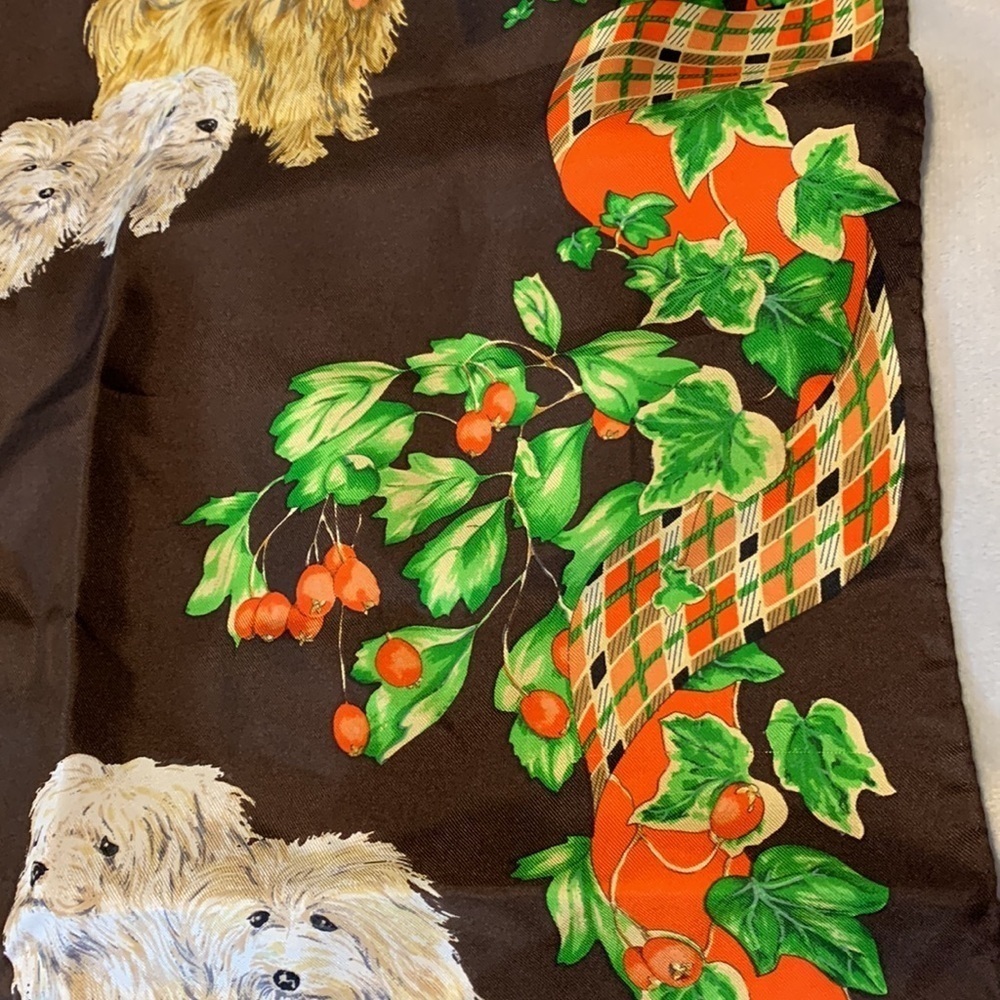 Yorkie Terrier Dog Print Silk Scarf brown ivy orange tartan silk Medici Italy - Picture 2 of 5